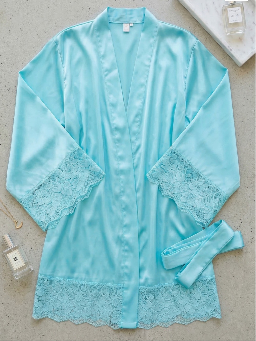 Like New! Badgley Mischka Silky Satin Sparkle Lace-Trim Robe - Light Blue Small